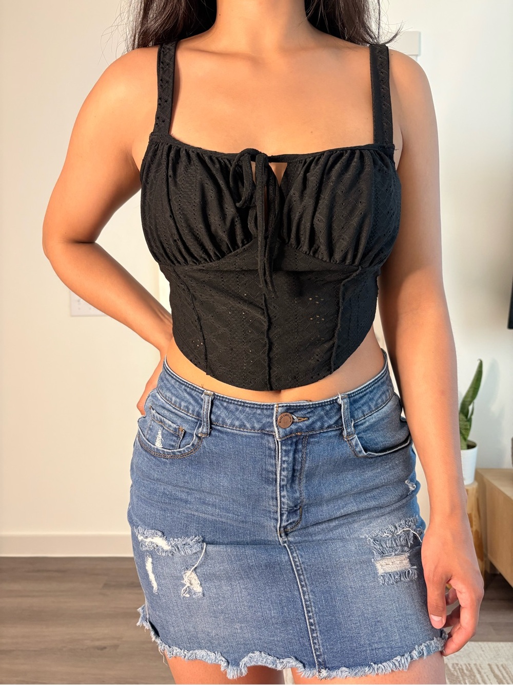 Black Lace-Trim Corset Crop Top - Women